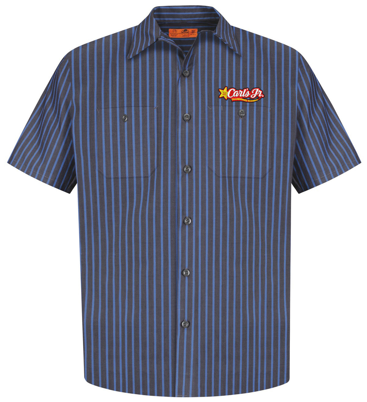 OK Restaurant Holdings, LLC - Carls Jr Logo LC - Red Kap® Long Size Short Sleeve Striped Industrial Work Shirt. CS20LONG