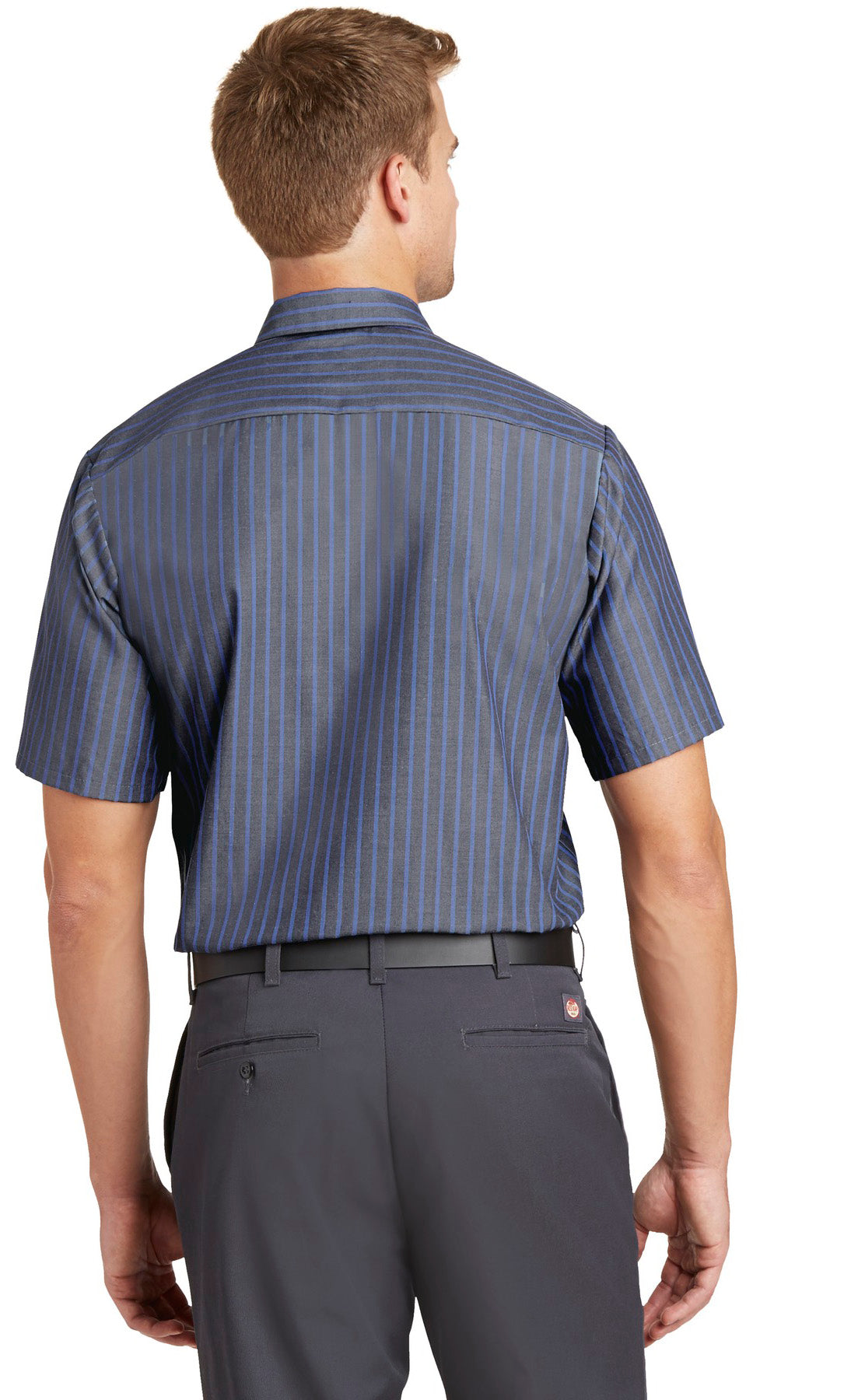 OK Restaurant Holdings, LLC - Carls Jr Logo LC - Red Kap® Long Size Short Sleeve Striped Industrial Work Shirt. CS20LONG