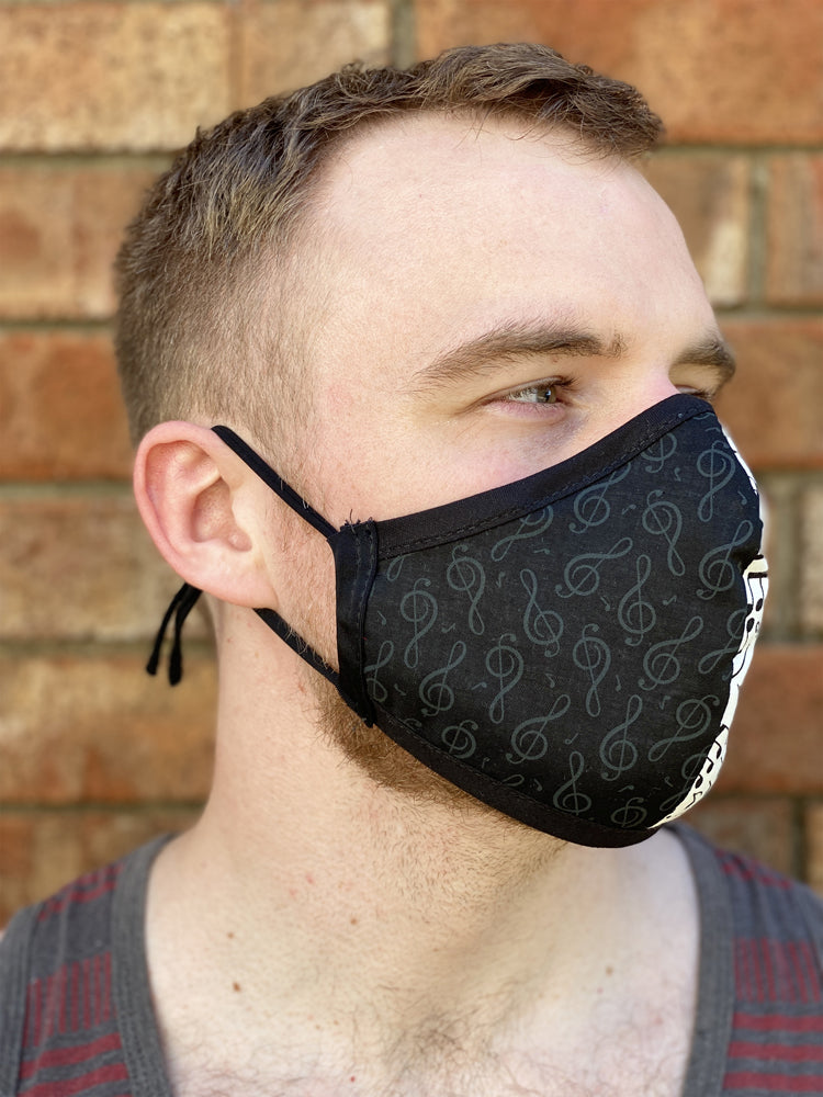 Two Layer Fully Wired Protective Cloth Face Mask - Made in USA - Black and White Music, Adult
