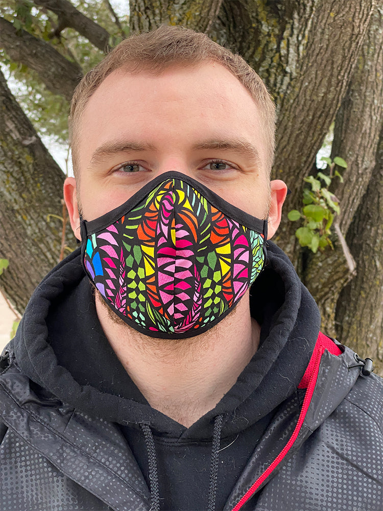 Four Layer Fully Wired Protective Cloth Face Mask - Made in USA - Bright Zentangle, Adult