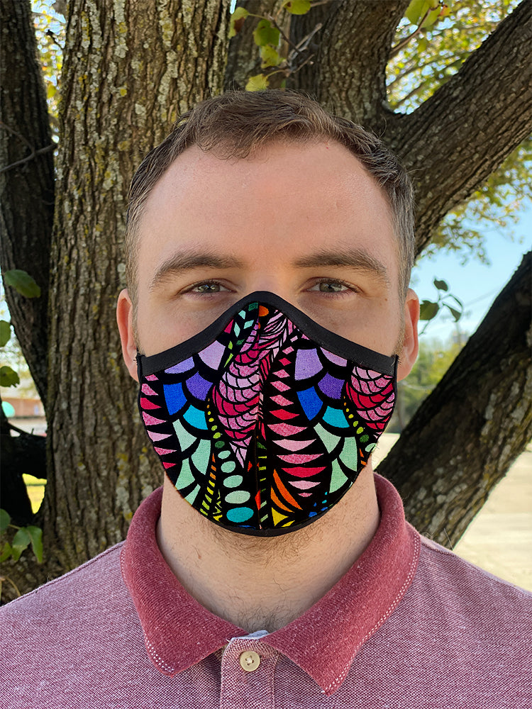 Four Layer Fully Wired Protective Cloth Face Mask - Made in USA - Bright Zentangle, Adult