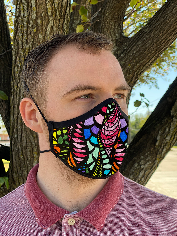 Four Layer Fully Wired Protective Cloth Face Mask - Made in USA - Bright Zentangle, Adult