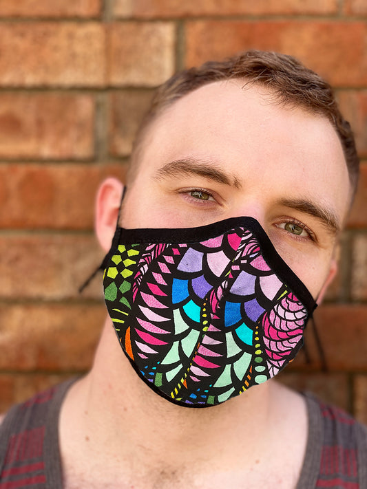 Four Layer Fully Wired Protective Cloth Face Mask - Made in USA - Bright Zentangle, Adult