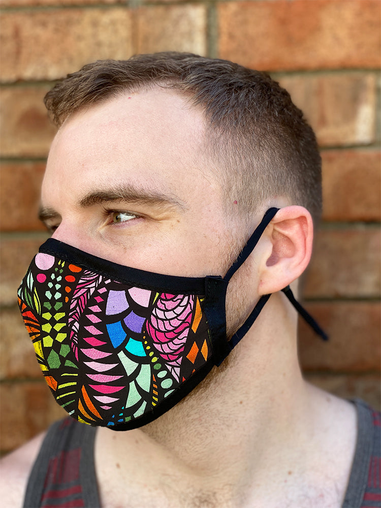 Four Layer Fully Wired Protective Cloth Face Mask - Made in USA - Bright Zentangle, Adult