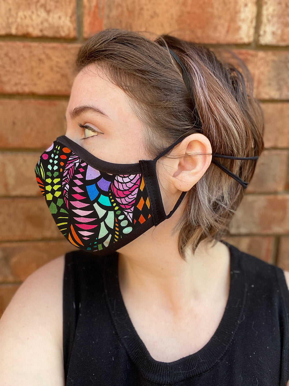 Four Layer Fully Wired Protective Cloth Face Mask - Made in USA - Bright Zentangle, Adult