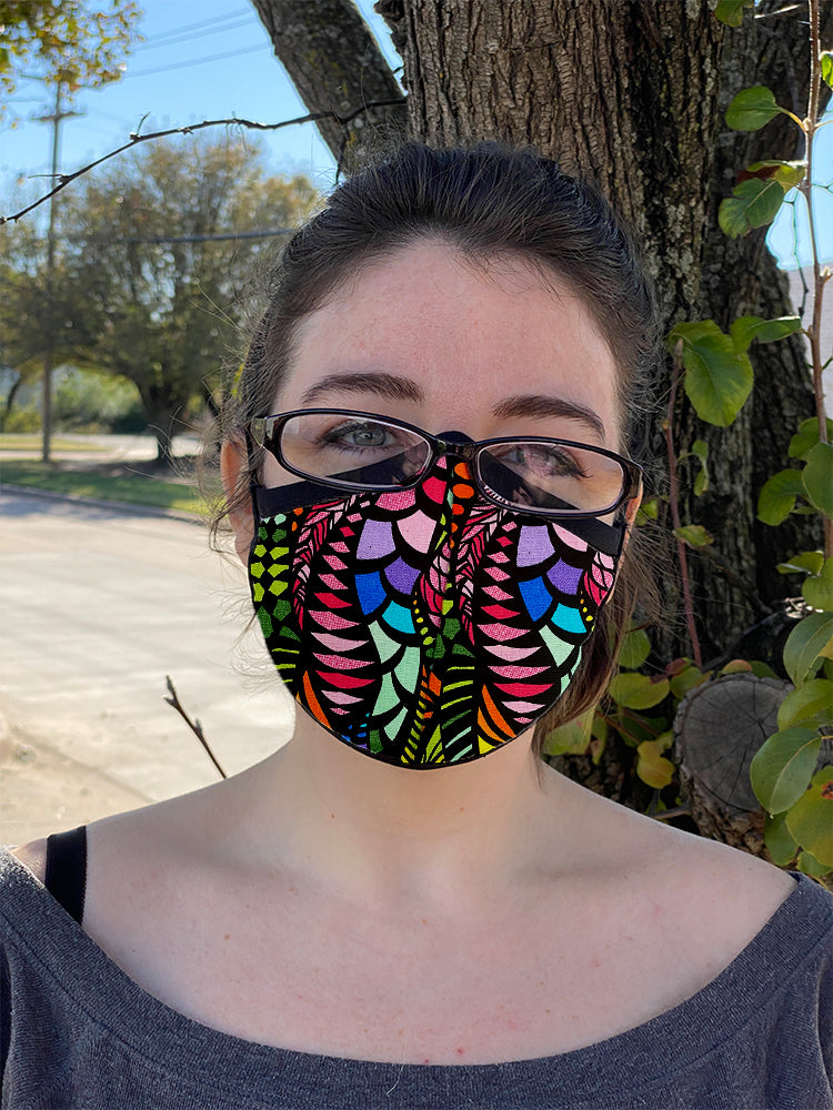 Four Layer Fully Wired Protective Cloth Face Mask - Made in USA - Bright Zentangle, Adult