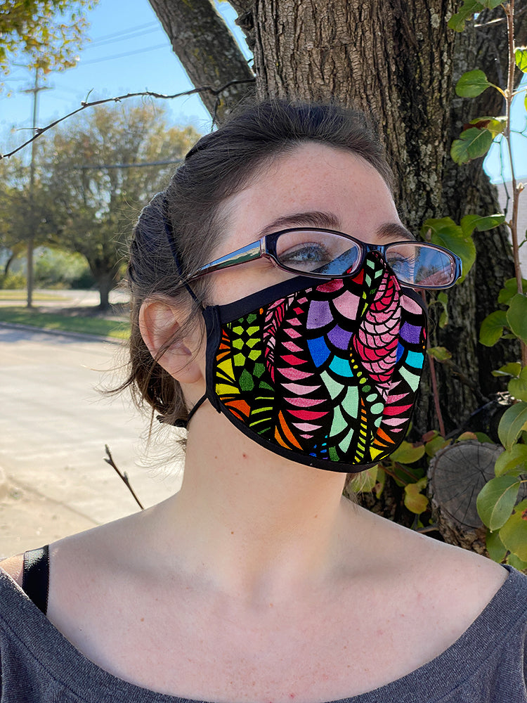 Four Layer Fully Wired Protective Cloth Face Mask - Made in USA - Bright Zentangle, Adult