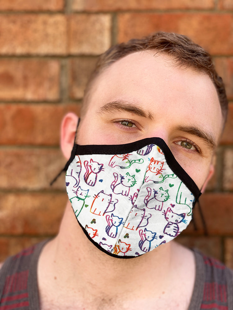 Four Layer Fully Wired Protective Cloth Face Mask - Made in USA - Cats Rainbow, Adult
