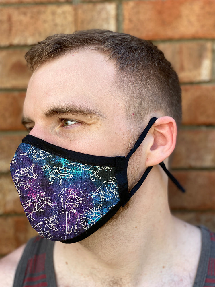 Four Layer Fully Wired Protective Cloth Face Mask - Made in USA - Celestial Dinosaurs, Adult