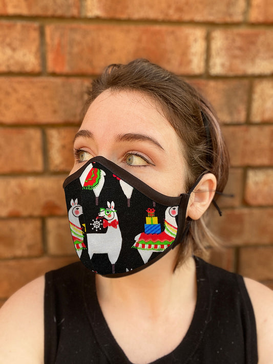 Four Layer Fully Wired Protective Cloth Face Mask - Made in USA - Christmas Llama, Adult
