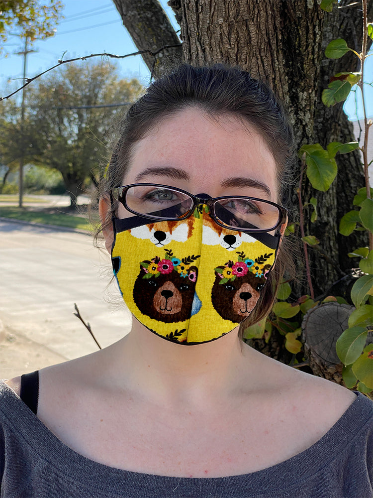 Four Layer Fully Wired Protective Cloth Face Mask - Made in USA - Flower Crown Animals, Adult