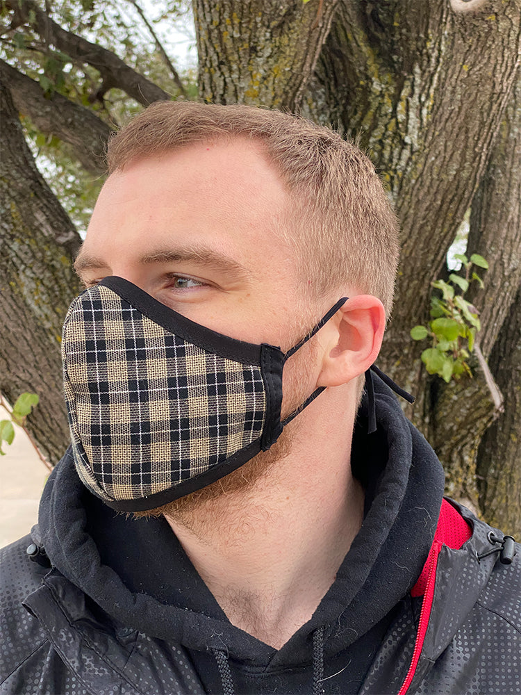 Four Layer Fully Wired Protective Cloth Face Mask - Made in USA - Black Cream Silver Plaid, Adult