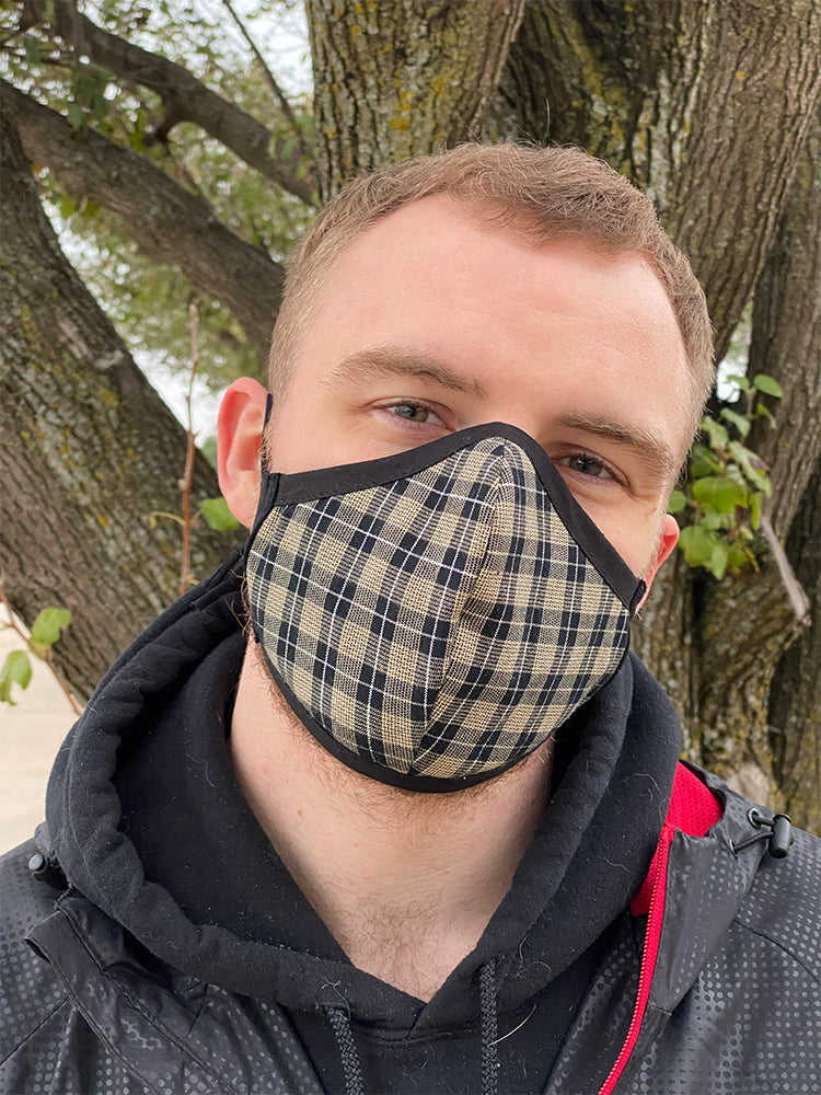 Four Layer Fully Wired Protective Cloth Face Mask - Made in USA - Black Cream Silver Plaid, Adult