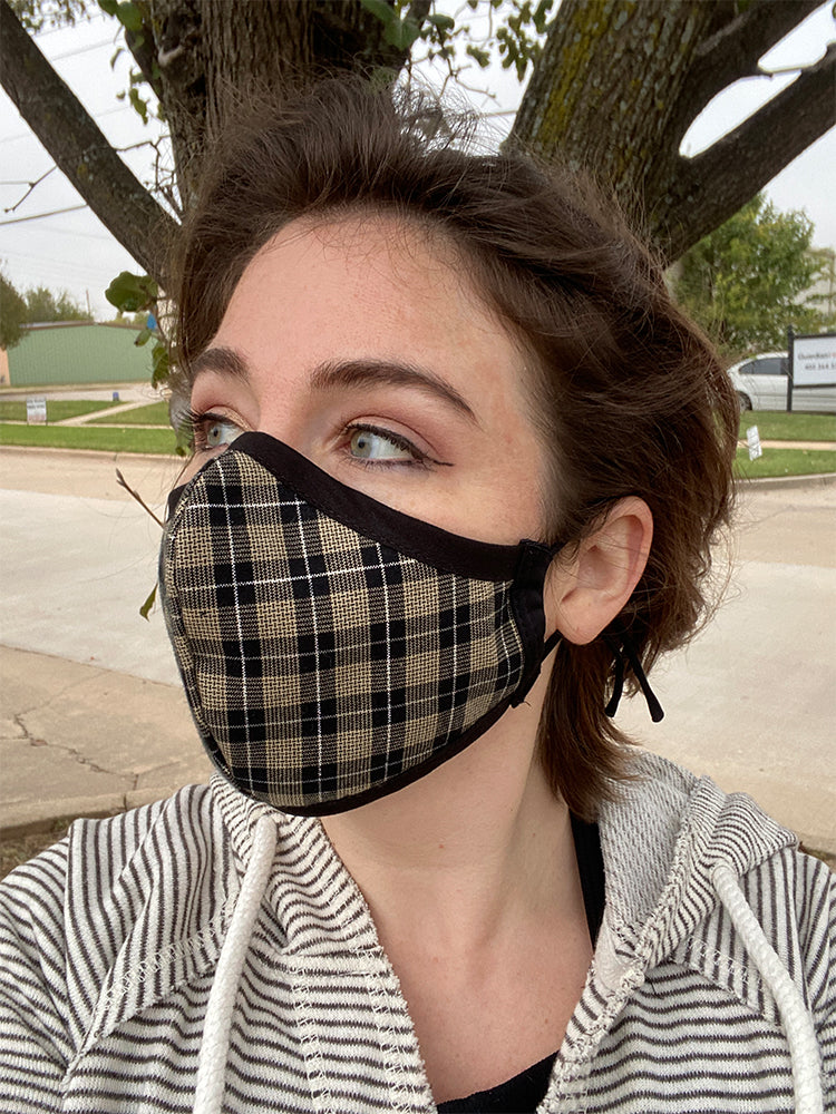 Four Layer Fully Wired Protective Cloth Face Mask - Made in USA - Black Cream Silver Plaid, Adult