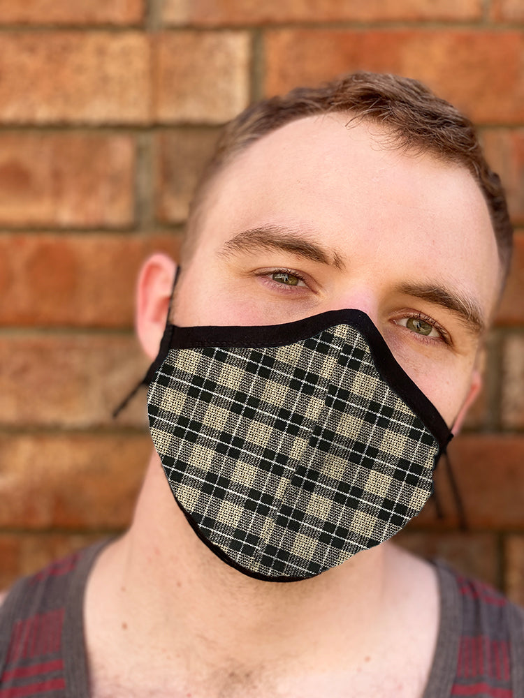 Four Layer Fully Wired Protective Cloth Face Mask - Made in USA - Black Cream Silver Plaid, Adult