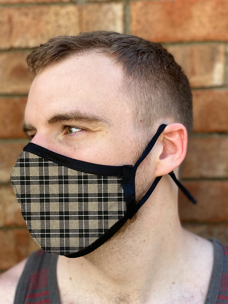 Four Layer Fully Wired Protective Cloth Face Mask - Made in USA - Black Cream Silver Plaid, Adult