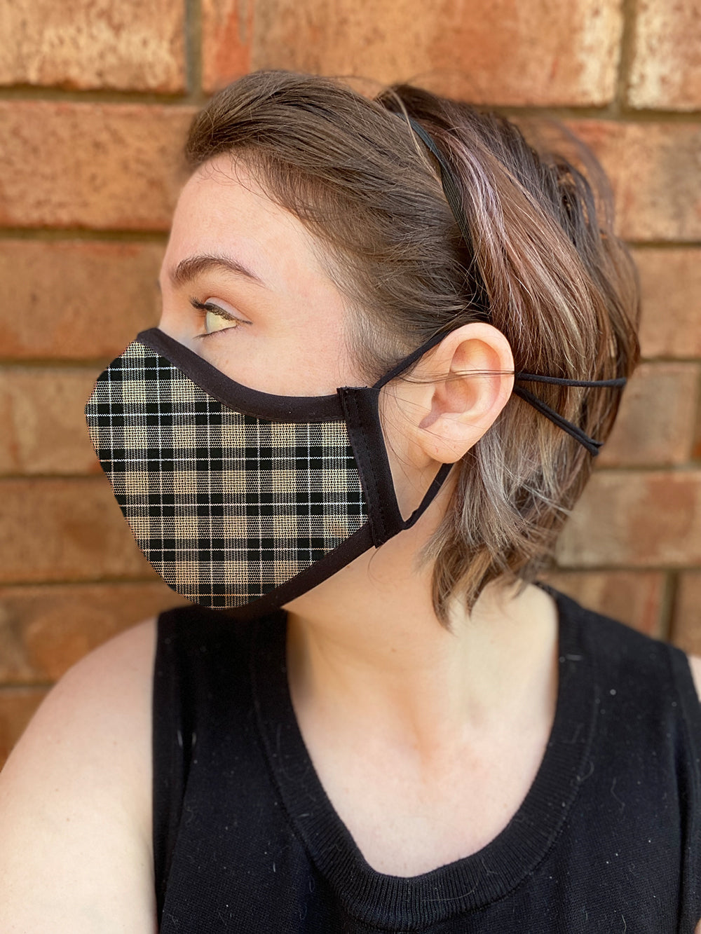 Four Layer Fully Wired Protective Cloth Face Mask - Made in USA - Black Cream Silver Plaid, Adult