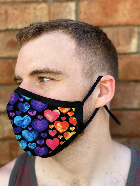 Four Layer Fully Wired Protective Cloth Face Mask - Made in USA - Rainbow Hearts, Adult