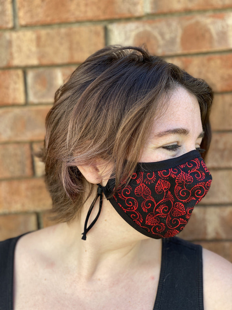 Four Layer Fully Wired Protective Cloth Face Mask - Made in USA - Red and Black Scroll Leaf, Adult