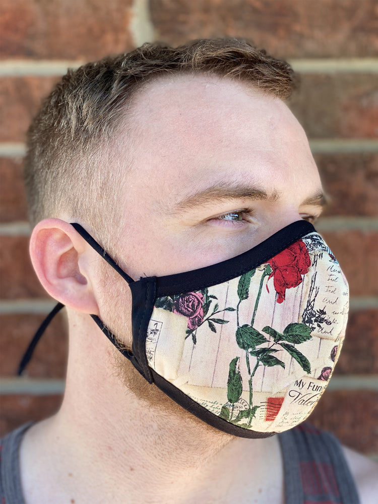 Two Layer Fully Wired Protective Cloth Face Mask - Made in USA - Rose Love Note, Adult