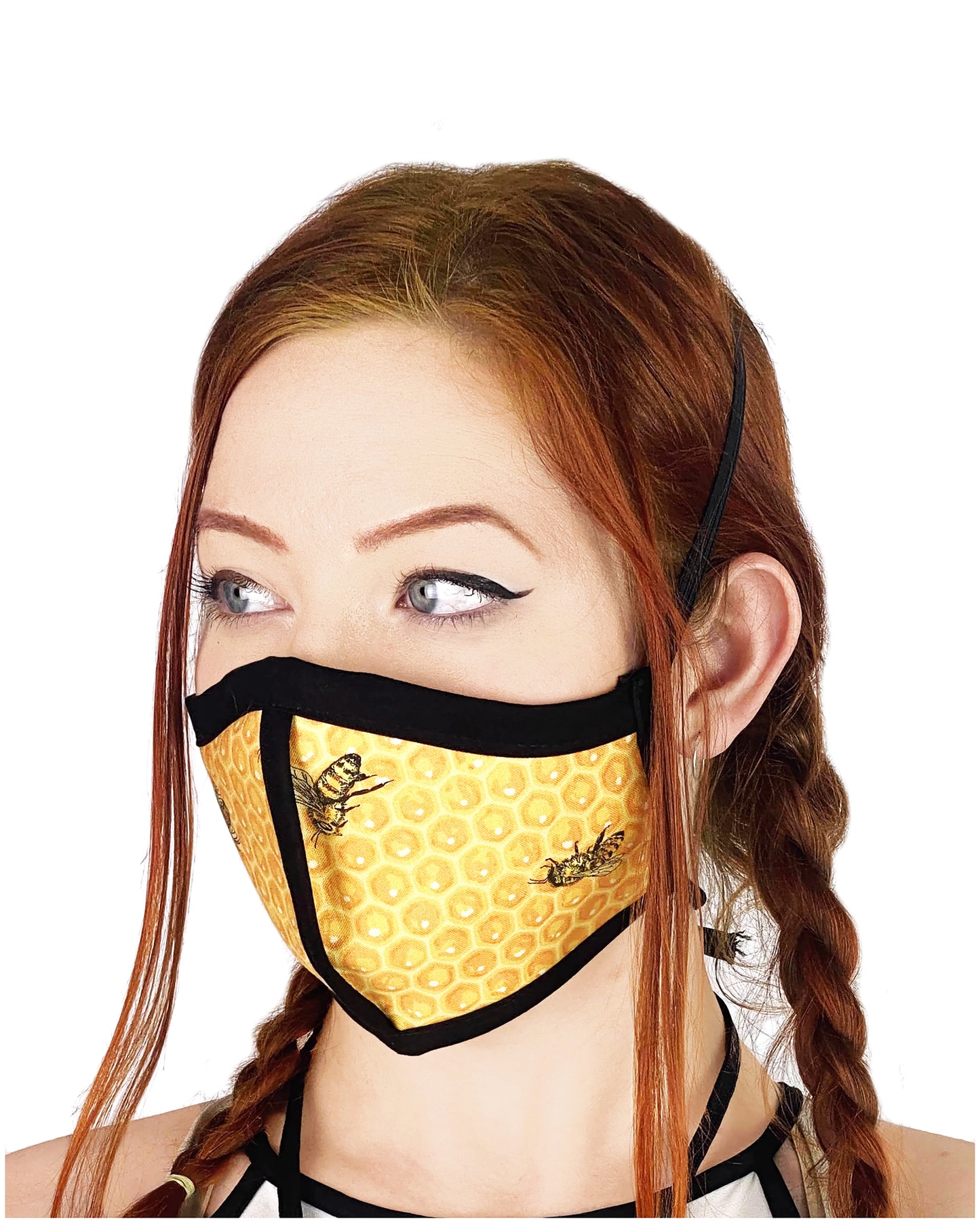 Four Layer Cloth Face Mask - Ear Saver Behind the Head Elastic - Honey Bee, Adult Original Cut