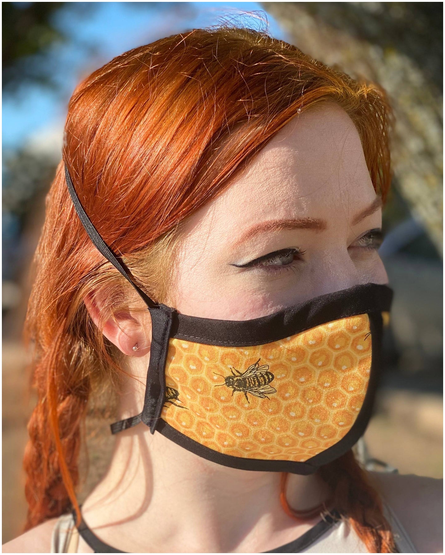 Four Layer Cloth Face Mask - Ear Saver Behind the Head Elastic - Honey Bee, Adult Original Cut
