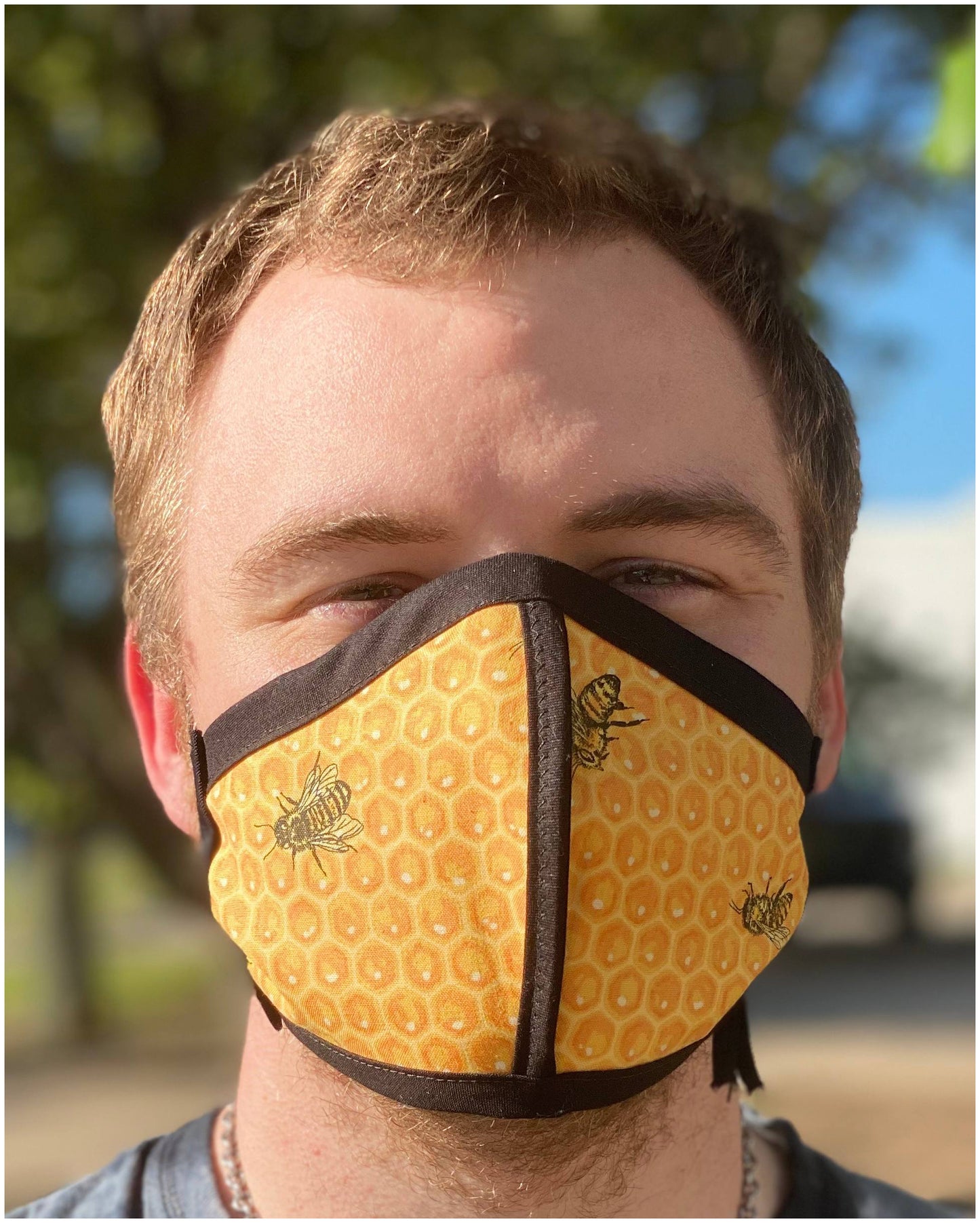 Four Layer Cloth Face Mask - Ear Saver Behind the Head Elastic - Honey Bee, Adult Original Cut