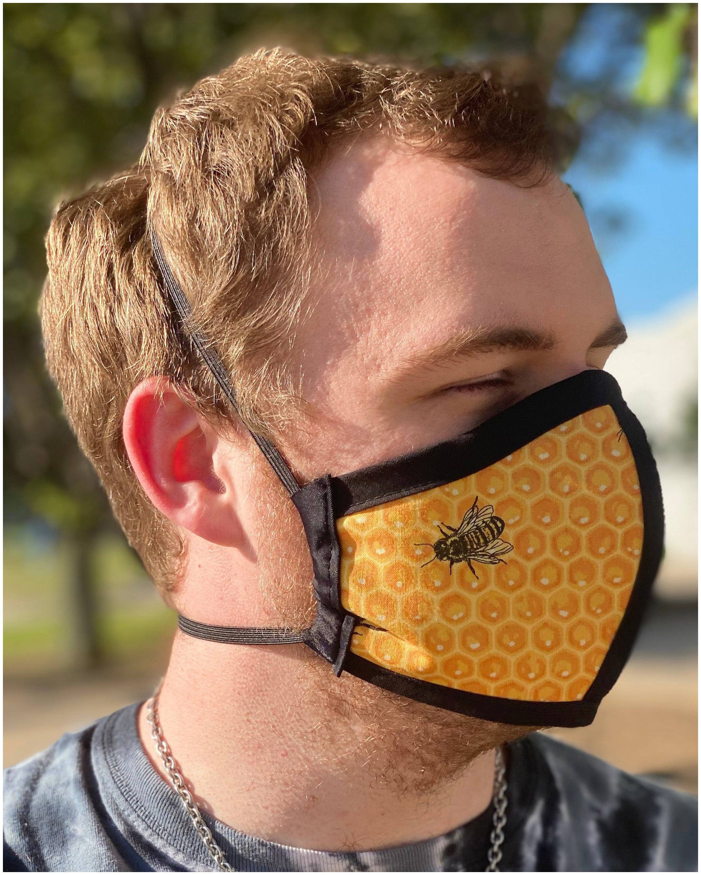 Four Layer Cloth Face Mask - Ear Saver Behind the Head Elastic - Honey Bee, Adult Original Cut