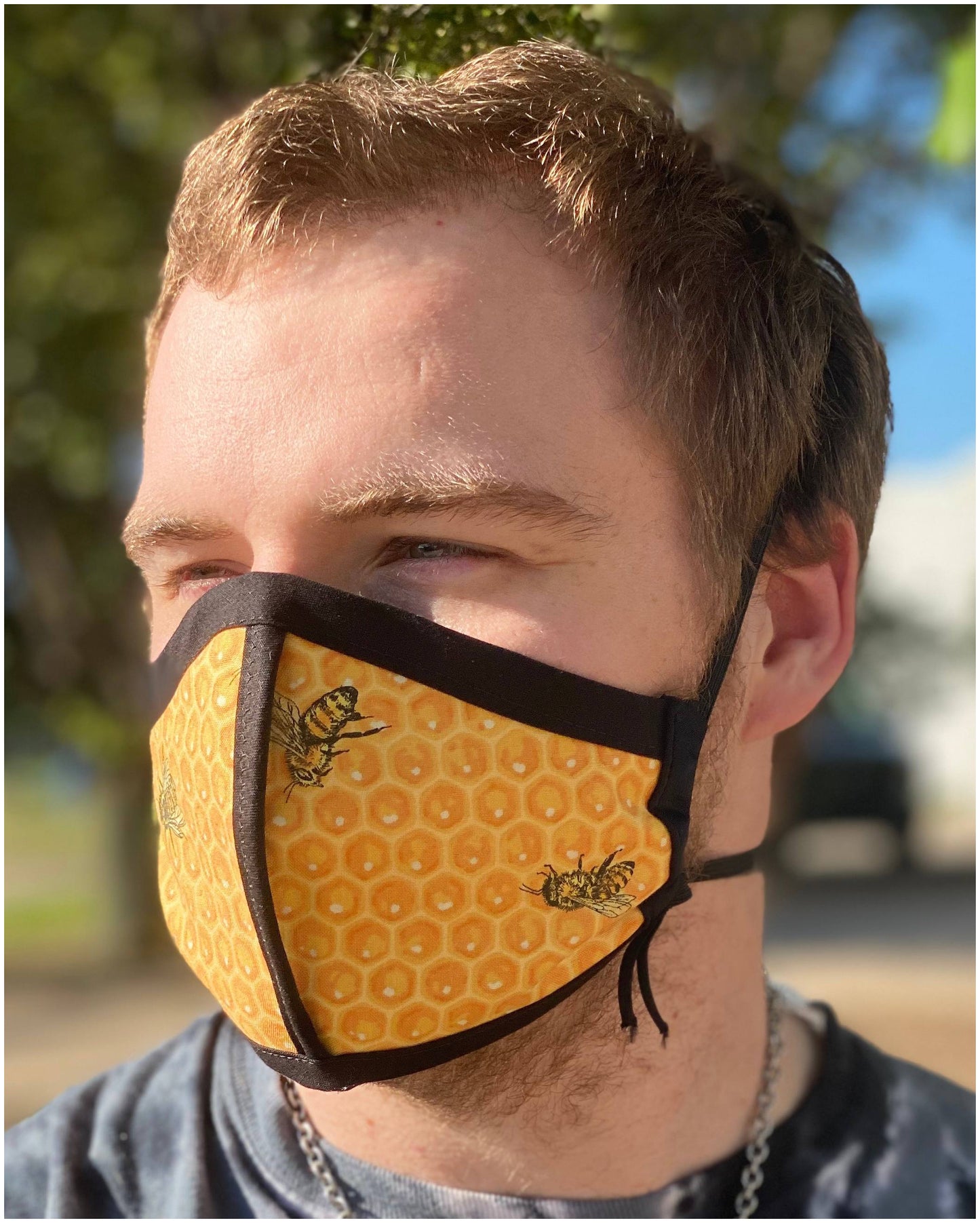 Four Layer Cloth Face Mask - Ear Saver Behind the Head Elastic - Honey Bee, Adult Original Cut