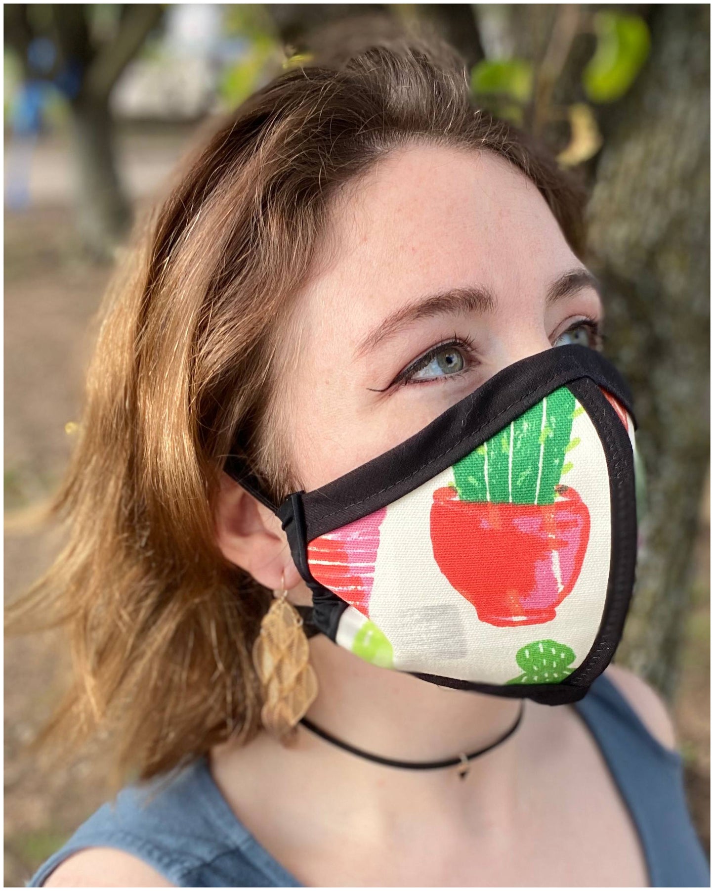 Four Layer Cloth Face Mask - Ear Saver Behind the Head Elastic - Potted Plant, Adult Original Cut