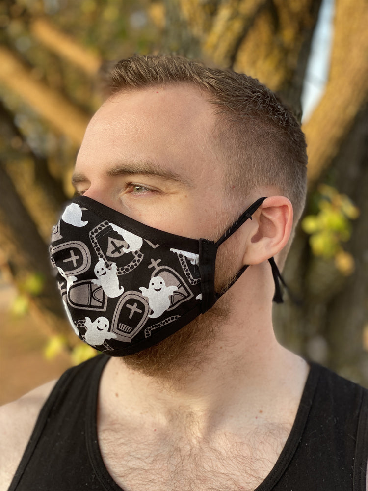 Two Layer Fully Wired Protective Cloth Face Mask - Made in USA - Spooky Ghost, Adult