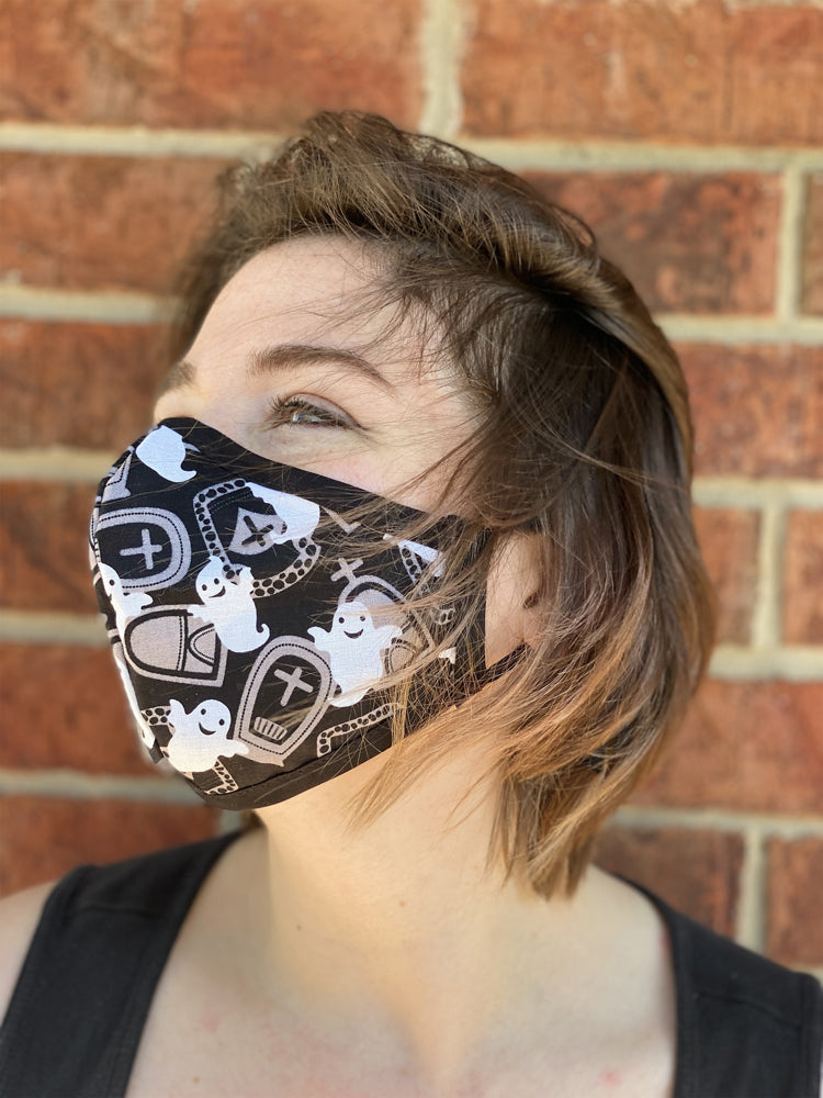 Two Layer Fully Wired Protective Cloth Face Mask - Made in USA - Spooky Ghost, Adult