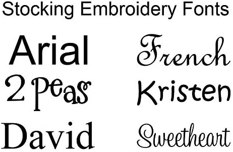 See six font options—Arial, 2 Peas, David, French, Kristen, and Sweetheart—shown on white backgrounds for custom embroidery on the Personalized Christmas Stocking in Rick Rack Red and White Felt. Perfect for your unique holiday decor!.