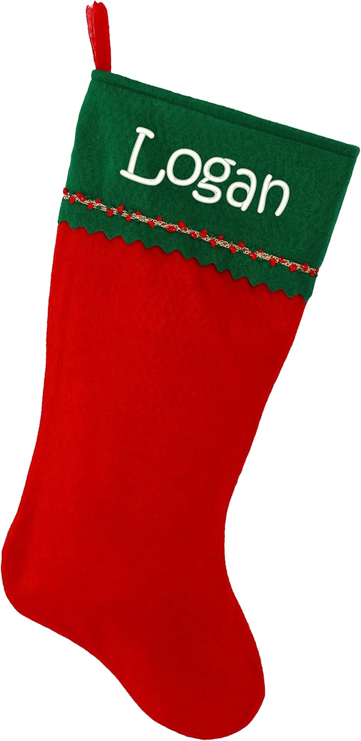 The Personalized Christmas Stocking, Red and Green Felt, features a green cuff, white “Logan” lettering, and gold-red trim below the cuff—making it a festive custom stocking for holiday celebrations.