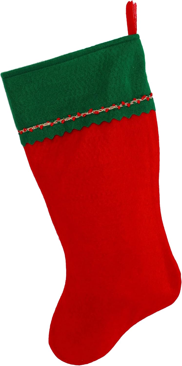 The Personalized Christmas Stocking, Red and Green Felt, features a red body with a green cuff, a red and white ribbon accent, and a handy hanging loop—ideal for adding a custom touch to your holiday décor.