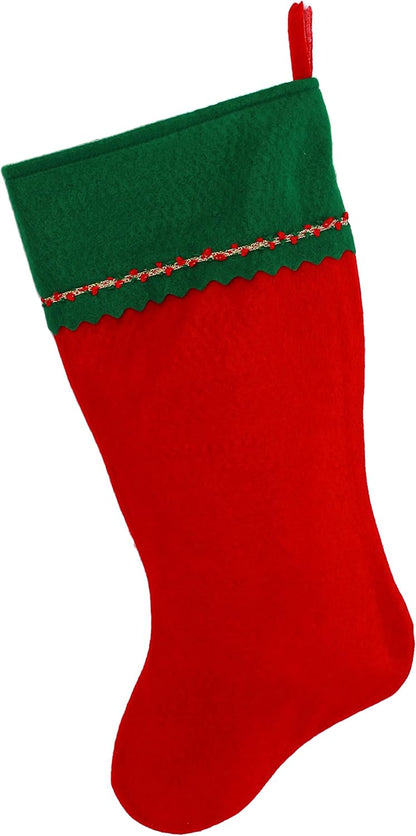 The Personalized Christmas Stocking, Red and Green Felt, features a red body with a green cuff, a red and white ribbon accent, and a handy hanging loop—ideal for adding a custom touch to your holiday décor.