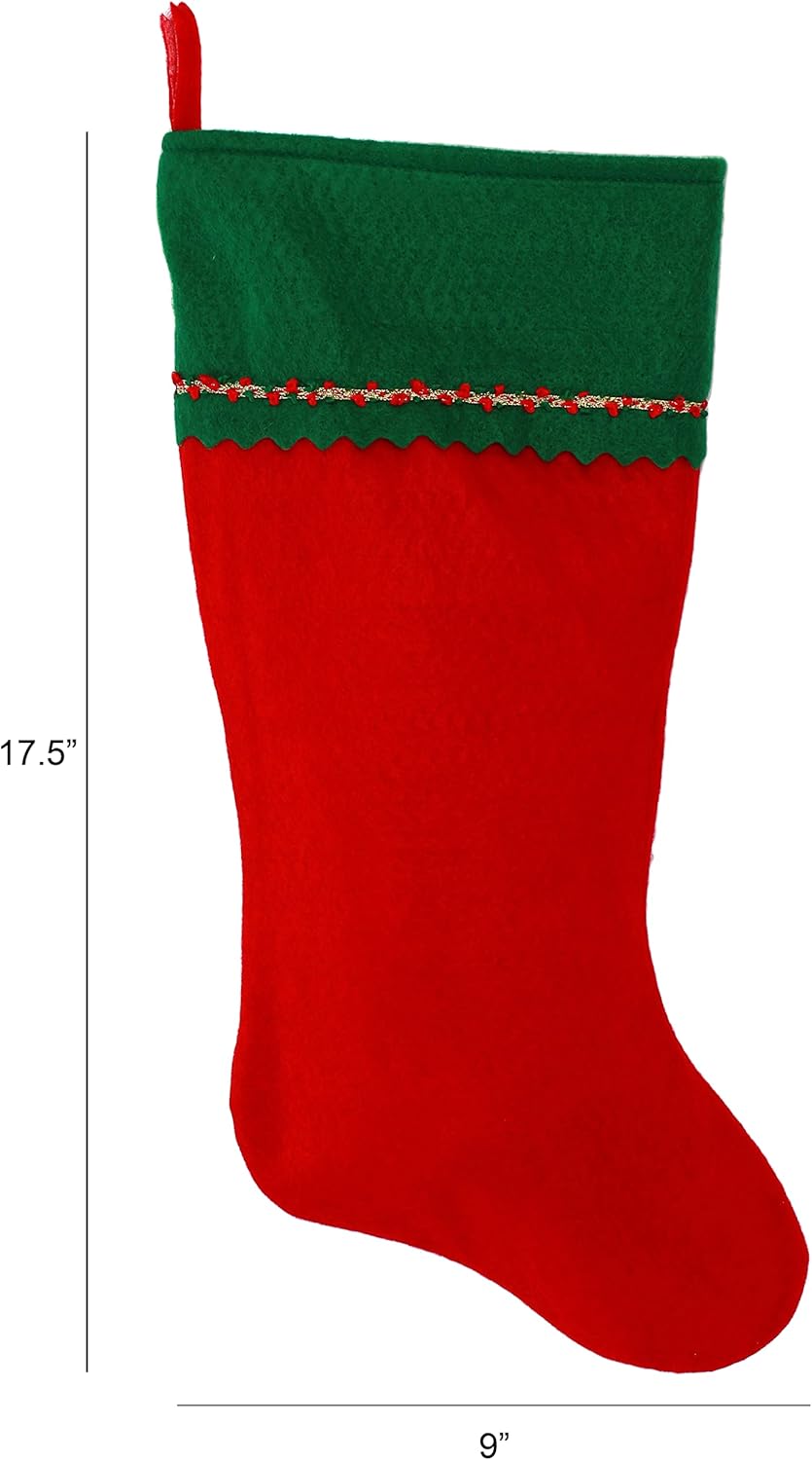 The Personalized Christmas Stocking, Red and Green Felt, features a red body with a green cuff and wavy trim. Measuring 17.5" x 9", it's perfect for adding festive flair to your holiday decor.