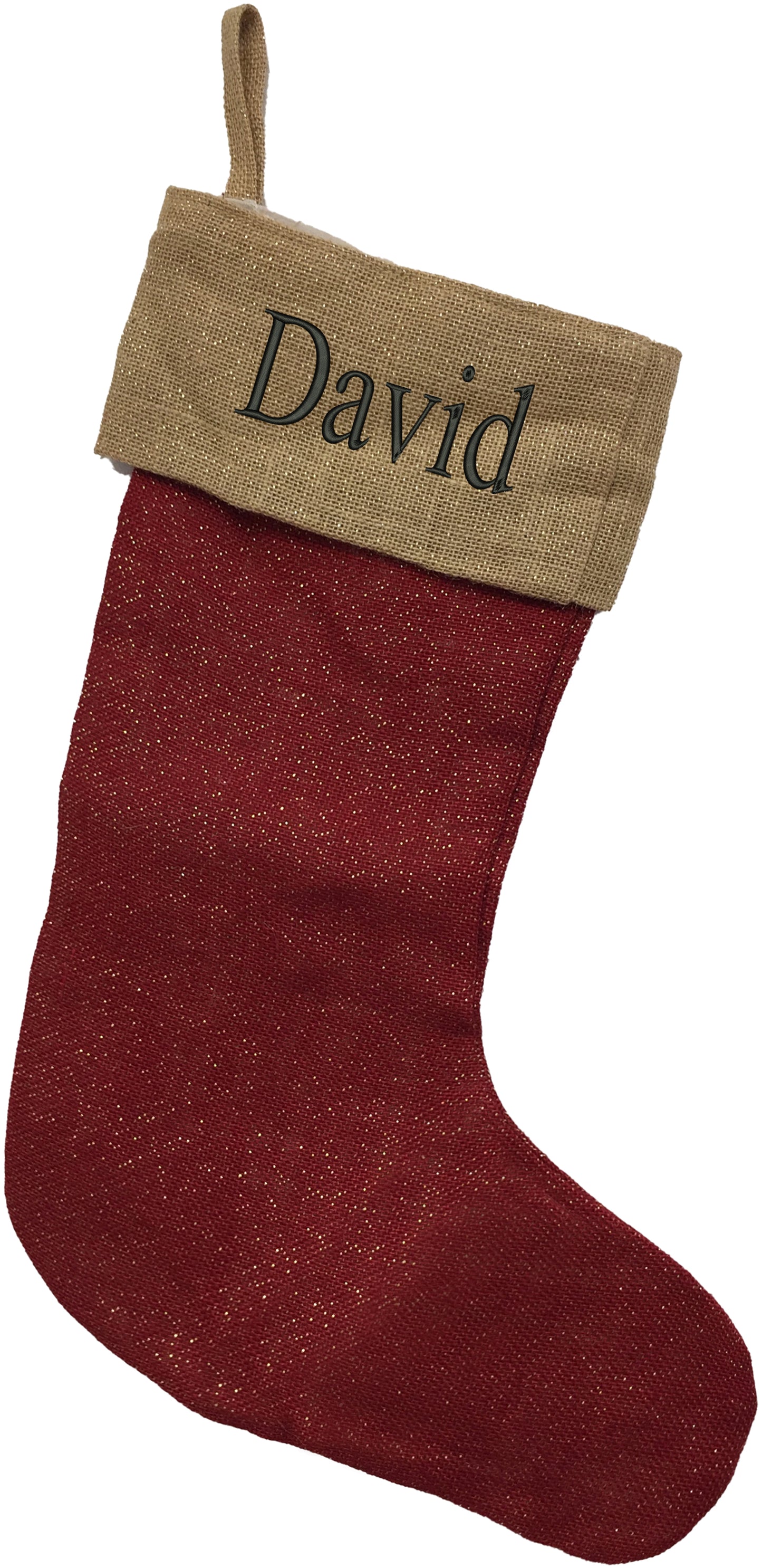 The Personalized Christmas Stocking, Jute and Red, is a custom extra large red stocking with a beige cuff and "David" in black. It features a handy hanging loop, ideal for holding Santa presents on your Christmas mantel.