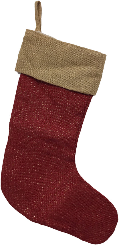 The Personalized Christmas Stocking, Jute and Red, features an extra-large size with a beige cuff and hanging loop—ideal for Santa gifts or displaying on your mantel.