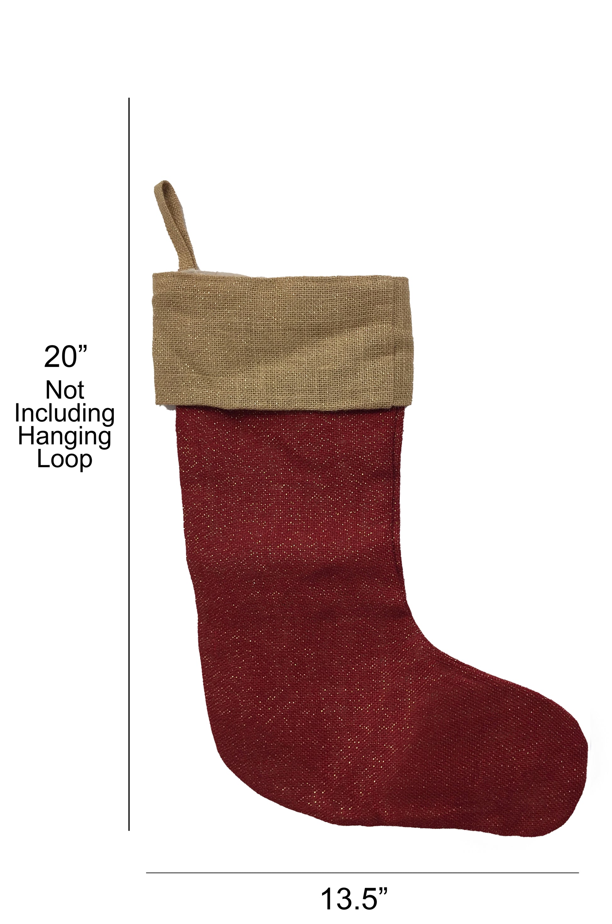 The Personalized Christmas Stocking, Jute and Red, features a red body with a tan cuff and hanging loop, measures 20" long (excluding loop) and 13.5" wide at the base, ideal for Santa gifts, shown on a white background with labeled dimensions.