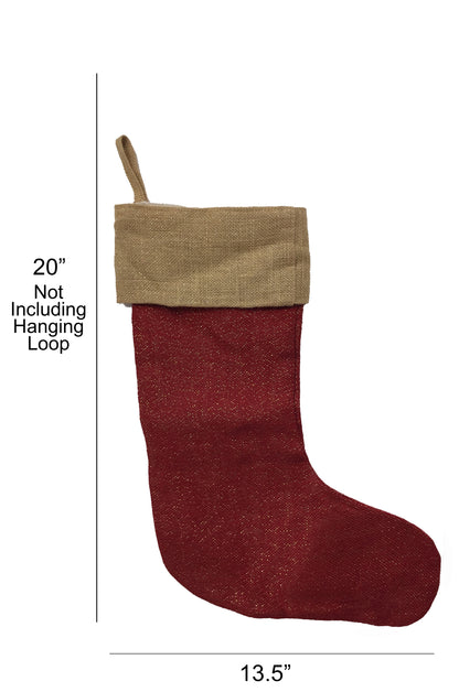 The Personalized Christmas Stocking, Jute and Red, features a red body with a tan cuff and hanging loop, measures 20" long (excluding loop) and 13.5" wide at the base, ideal for Santa gifts, shown on a white background with labeled dimensions.