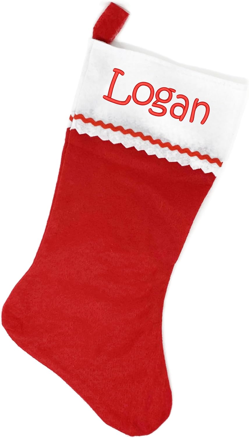 The Personalized Christmas Stocking, Rick Rack Red and White Felt, features a white cuff with “Logan” embroidered in red and a matching red loop for hanging.