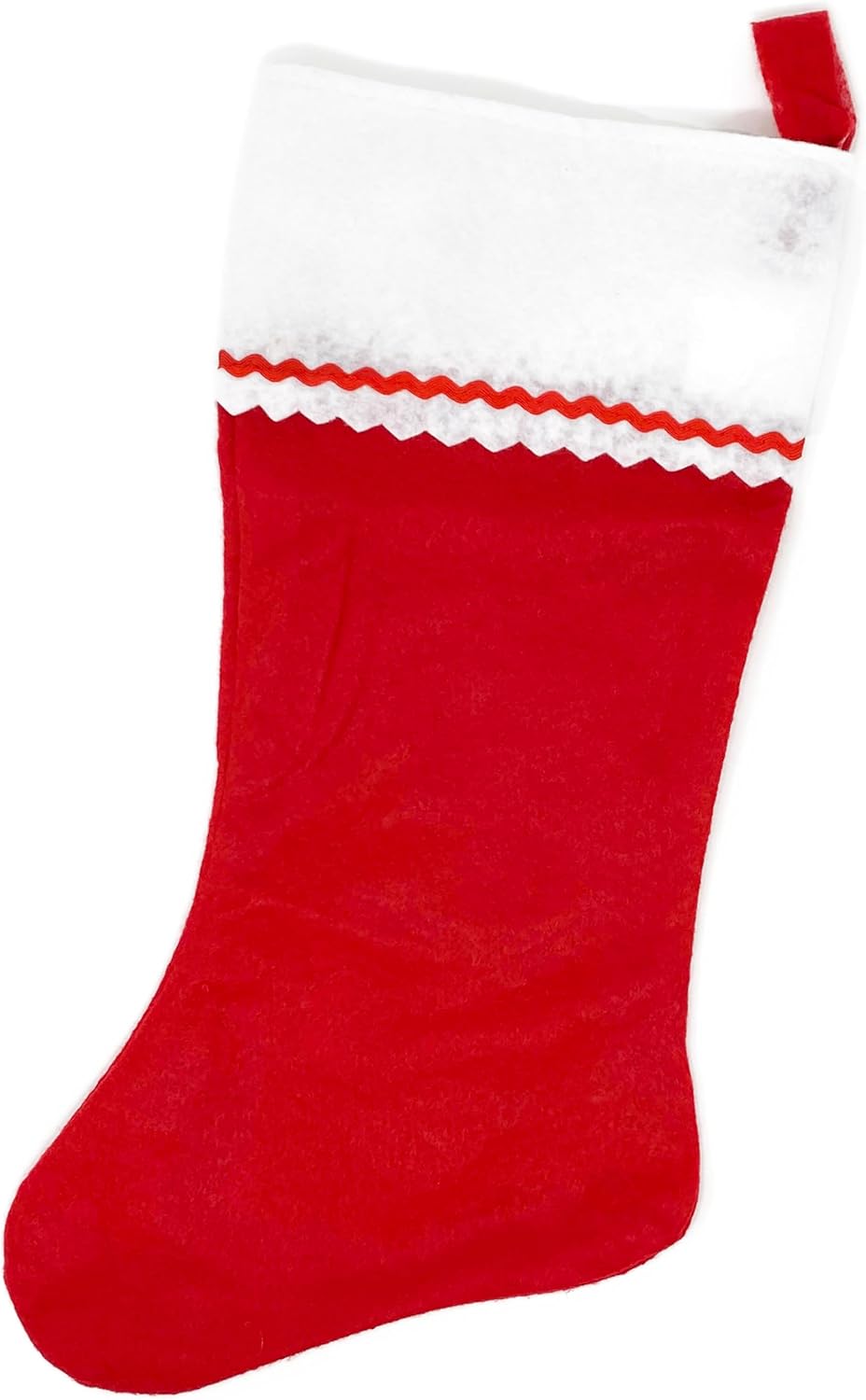 The Personalized Christmas Stocking, Rick Rack Red and White Felt, features a red body, white cuff, zigzag trim, and hanging loop—ideal for custom embroidery to create a festive, one-of-a-kind holiday keepsake.