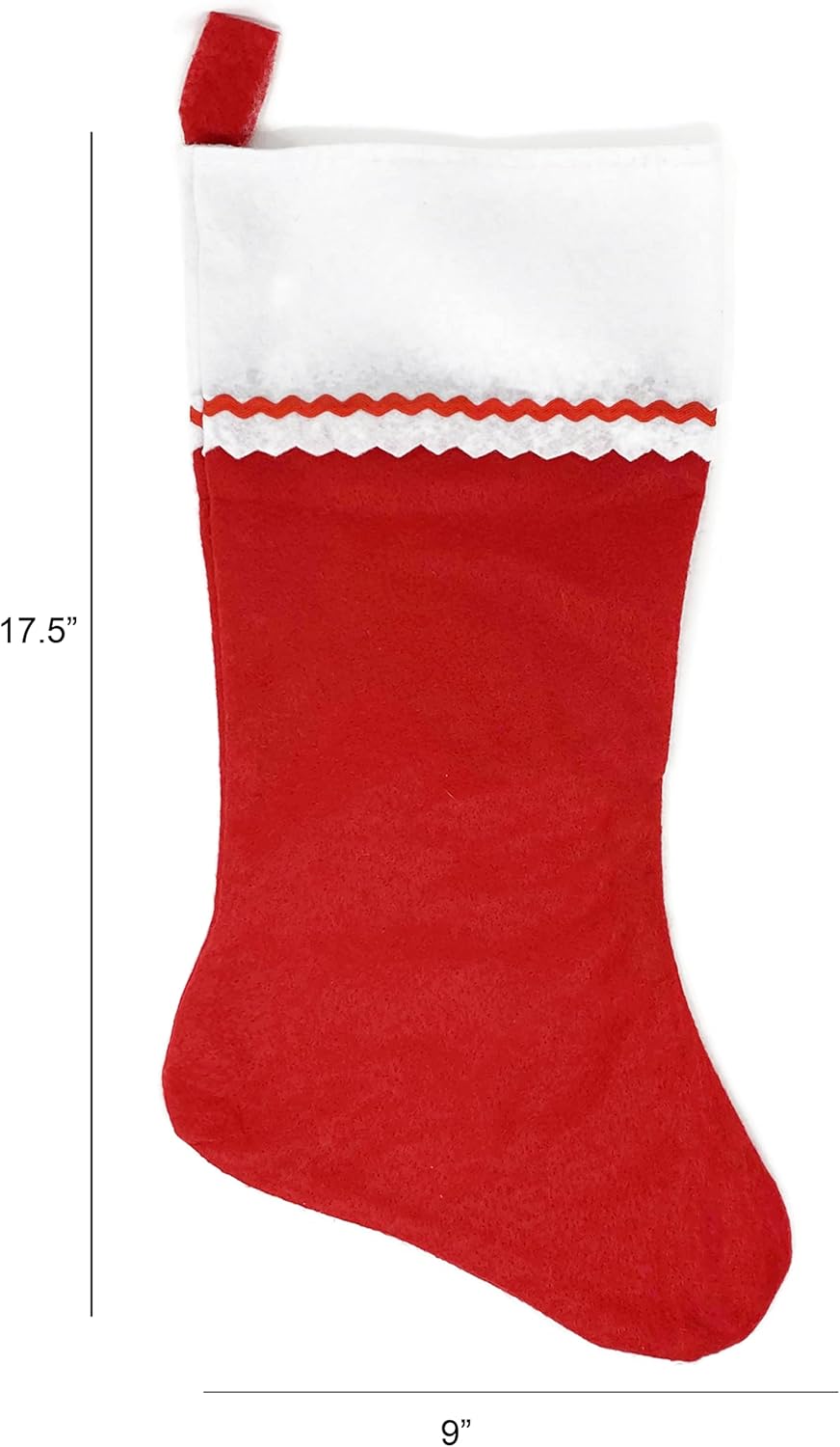 The Personalized Christmas Stocking, Rick Rack Red and White Felt, features a red body, white cuff, and red-and-white zigzag trim. Measuring 17.5" tall by 9" wide, it's perfect for custom embroidery and holiday surprises.