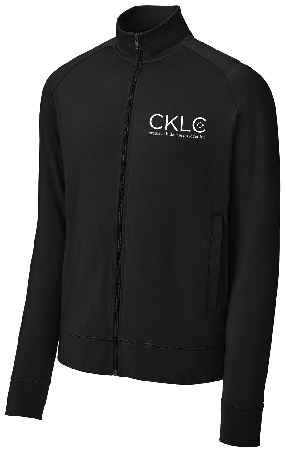 The Creative Kids Learning Center - CKLC - Sport-Tek Sport-Wick Stretch Full-Zip Cadet Jacket ST857 is a black poly/spandex jacket with raglan sleeves, pockets, and features the white CKLC logo on the left chest.
