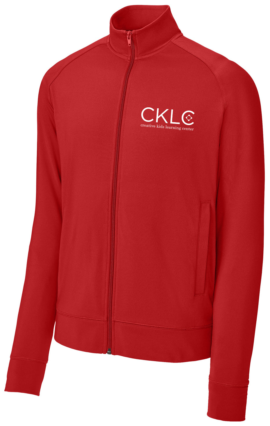 The Creative Kids Learning Center CKLC Sport-Tek Sport-Wick Stretch Full-Zip Cadet Jacket ST857 is a red, sporty poly/spandex jacket with raglan sleeves, two front pockets, and a white "creative kids learning center" logo on the left chest.