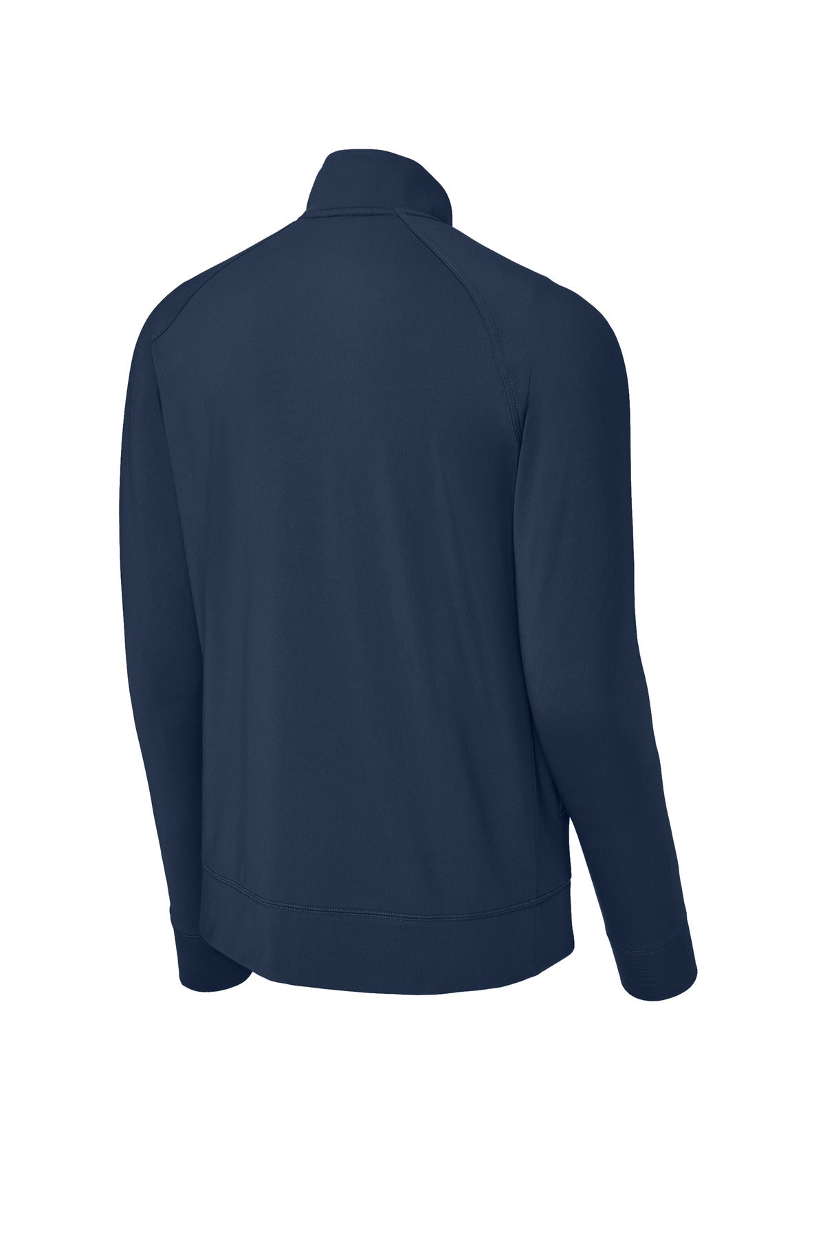 The Creative Kids Learning Center CKLC Sport-Tek Sport-Wick ST857 is a navy blue, long-sleeve full-zip cadet jacket with raglan sleeves and a high collar, made from poly/spandex. Shown from the back, it has a plain design without logos or patterns.