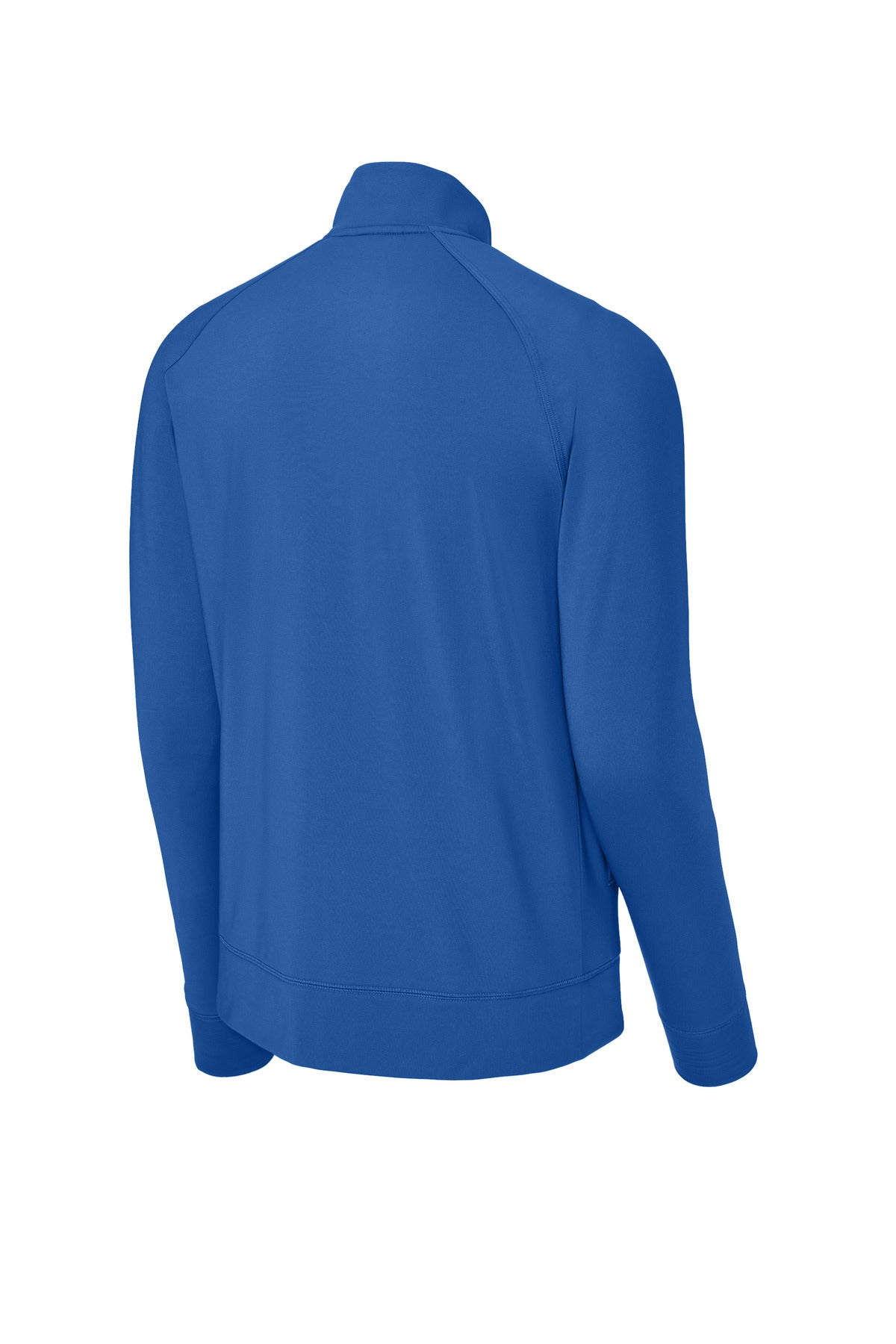 The Creative Kids Learning Center CKLC Sport-Tek Sport-Wick Stretch Full-Zip Cadet Jacket ST857 is shown from the back in royal blue, featuring raglan sleeves, a collar, and a smooth poly/spandex finish with no visible logos or designs.