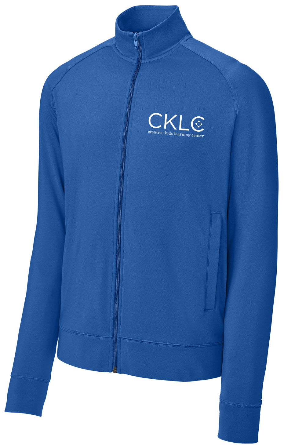 The Creative Kids Learning Center CKLC Sport-Tek Sport-Wick Stretch Full-Zip Cadet Jacket ST857 is royal blue with long raglan sleeves, a stand-up collar, and white CKLC logo/text on the left chest, made from comfy poly/spandex fabric.