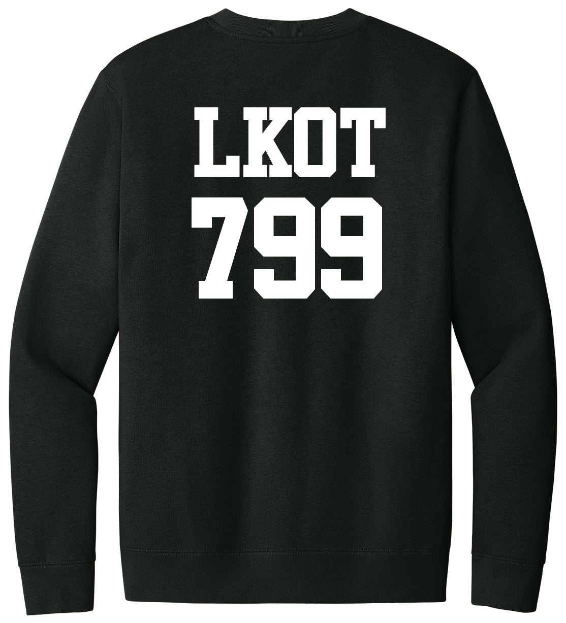 The LKOT Crewneck Sweatshirt — Adult is a black collegiate crewneck with bold white text and the number 799 on the back, adding standout style to your wardrobe.